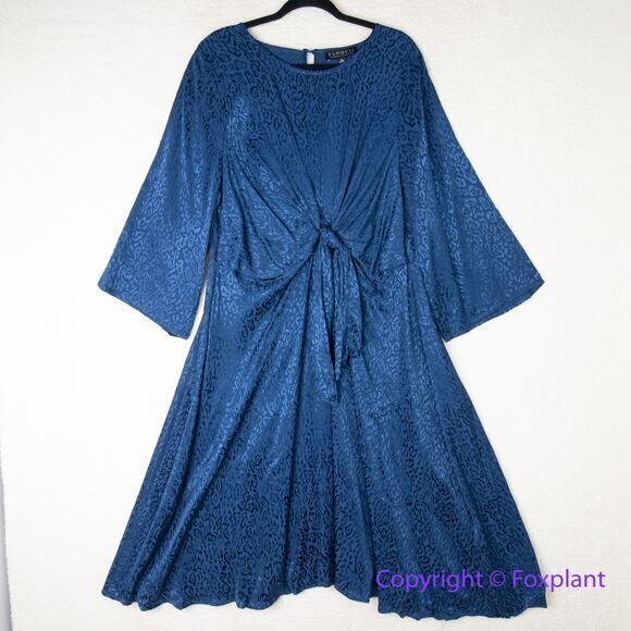 New! Eloquii women Blue Leopard Print Satin Textured Tie Front‎ Dress, size 16 - Picture 2 of 16